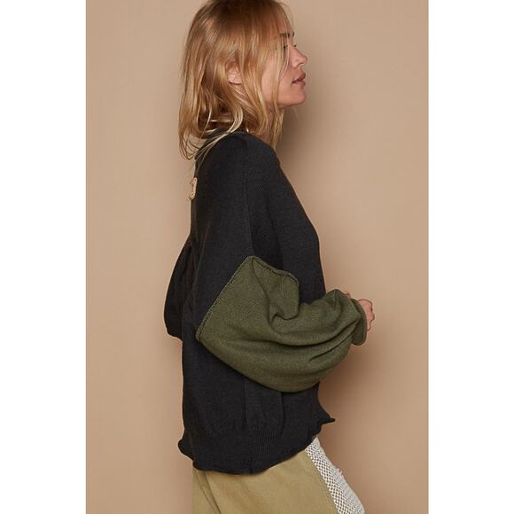 POL Color Block Round Neck Chest Pocket Roll Hem Hacci Pullover Sweater | Black - Picture 2 of 5